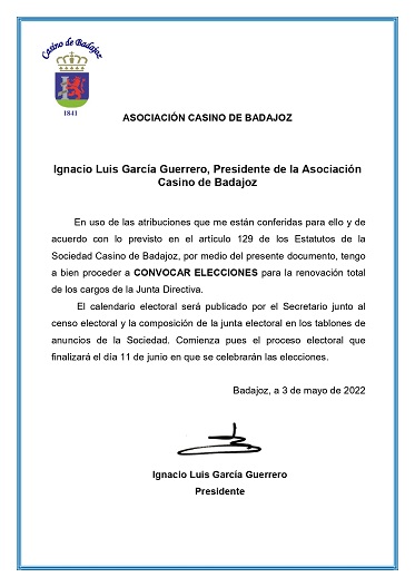 CONVOCATORIA DE ELECCIONES PARA RENOVACIÓN CARGOS DE LA JUNTA DIRECTIVA DEL CASINO DE BADAJOZ.